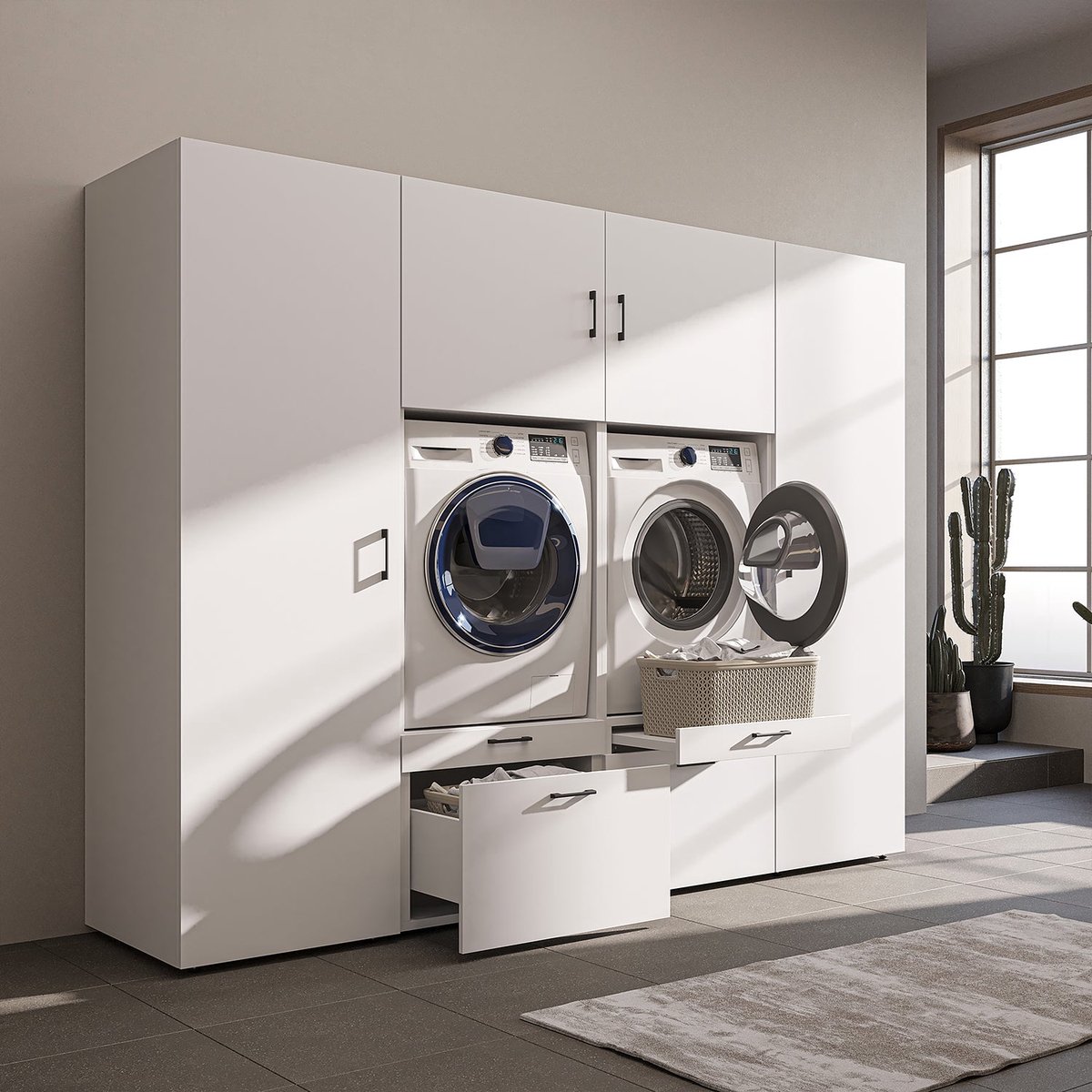 Roomart SERIE 2 Wasmachine Ombouwkast 254x205 cm - Kastenwand met 2 Hoge Kasten - Wit