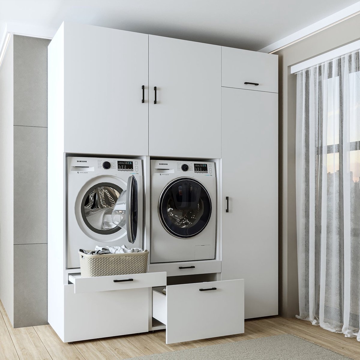 Roomart SERIE 2 Wasmachine Ombouwkast 194x240 cm - Dubbele Kast met Hoge Kast - Wit
