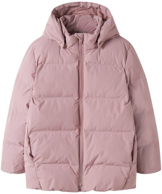Roze gewatteerde jas met ritssluiting en capuchon, plat gepresenteerd.