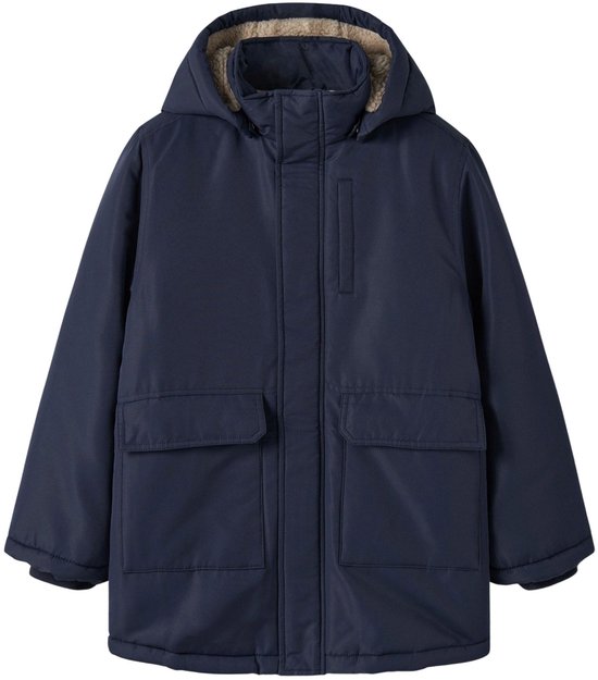 Donkerblauwe winterjas met capuchon, teddyvoering, rits en twee voorzakken.
