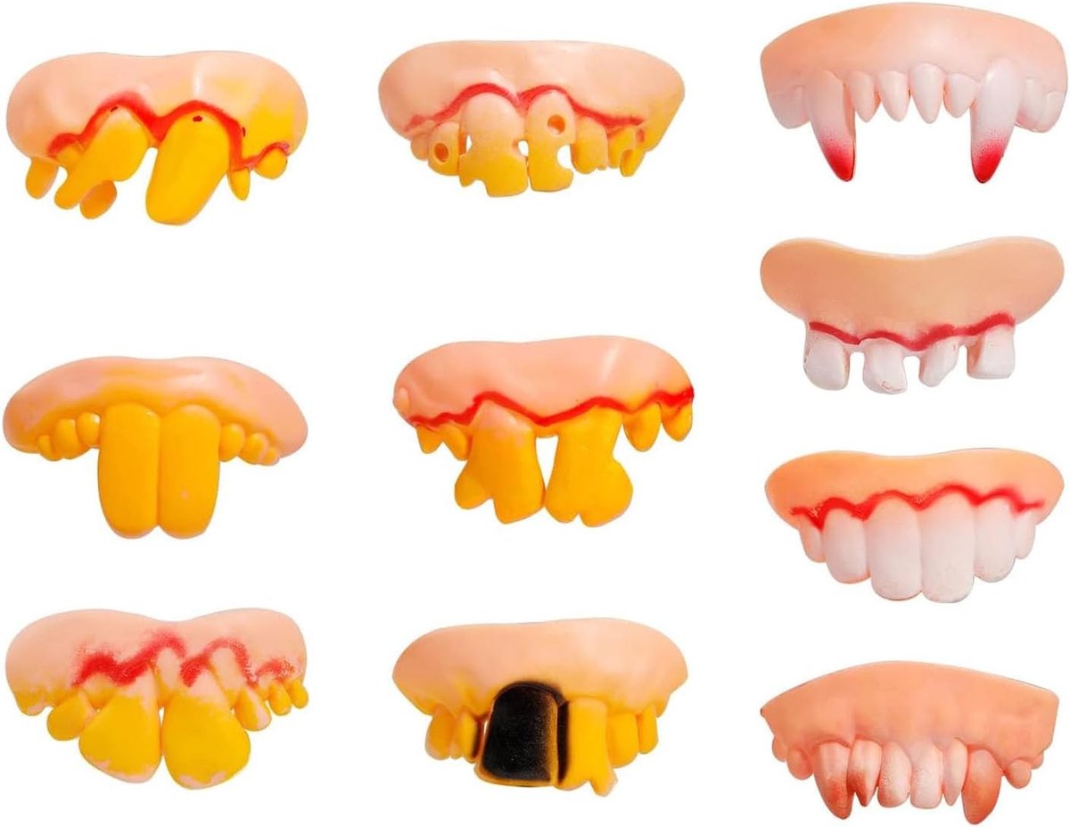 Halloween Vampiertanden Set van 10 - Grappige Demon Tanden, Feestaccessoires voor Volwassenen, Kostuumaccessoires en Leuke Items voor Halloween Feest