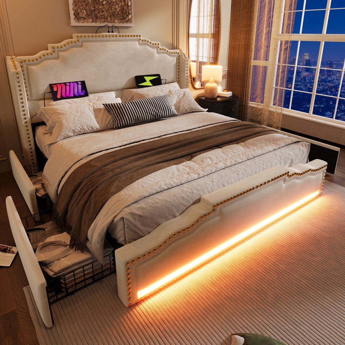 Sweiko Gestoffeerd Bed - 160 × 200cm - 4 lades - LED-verlichting - USB/Type-C oplaadpoort - Tweepersoonsbed - Velvet - Beige