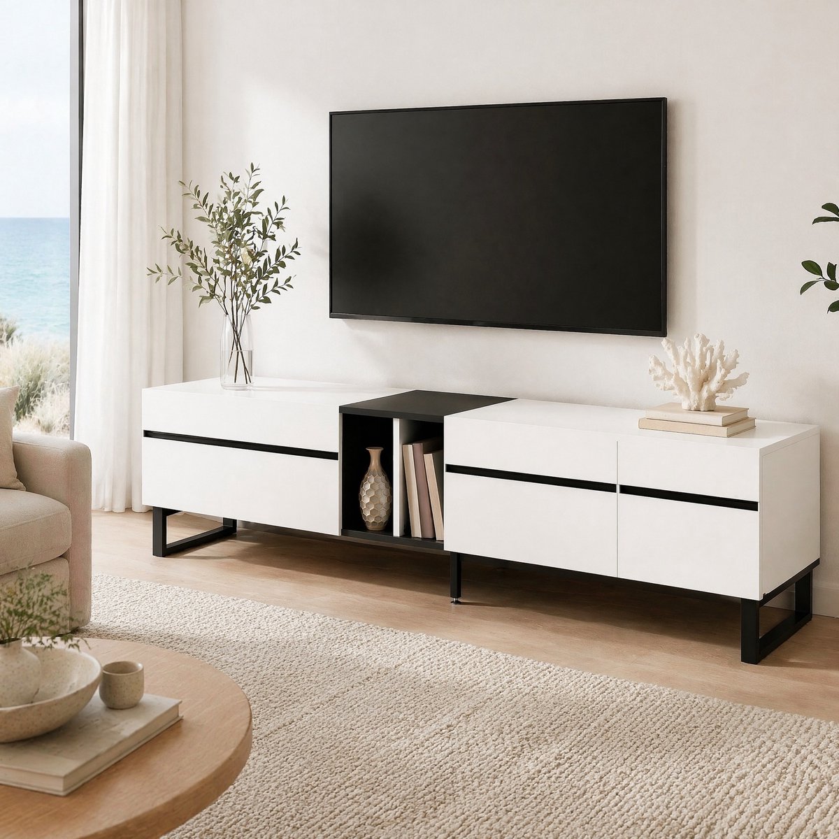 WUVRIE TV-meubel 180 cm - Open vak, klepdeur en 2 gesloten vakken - Wit