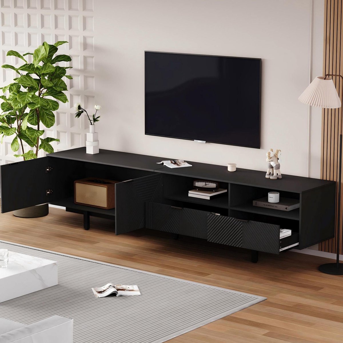 WUVRIE TV-meubel 200x40x51 cm - Open opbergruimte en kastdeuren - Kabeldoorvoer - Zwart
