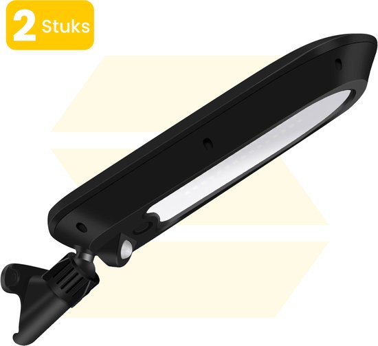 Lampe d'extérieur solaire noire avec détecteur de mouvement et 32 LED blanc chaud. Comprend un autocollant '2 Stuks'.