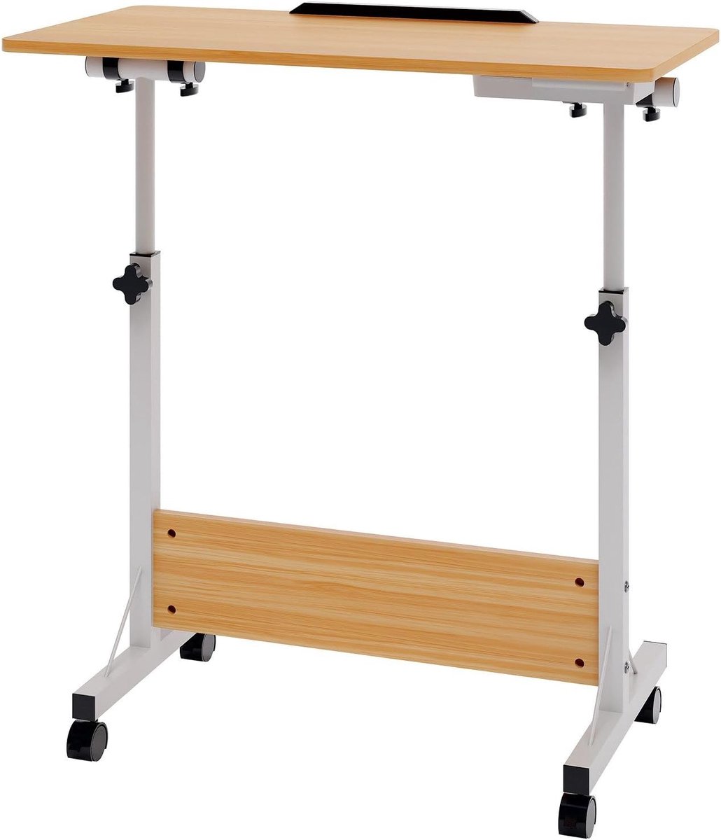 Bureau - Zit Sta Bureau 80 x 40 x 64-89 cm - Kantelbaar tafelblad mobiele werkplek 4 zwenkwielen (2 met rem) Eiken