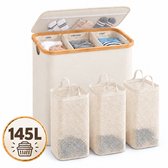 YYchan Wasmand 3 Vakken-Wasmand Met Deksel-Wassorteerder Bamboe-Oxford-Stof-Laundry Basket-Classificatielabel-Beige-145L