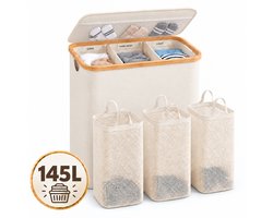 YYchan Wasmand 3 Vakken-Wasmand Met Deksel-Wassorteerder Bamboe-Oxford-Stof-Laundry Basket-Classificatielabel-Beige-145L