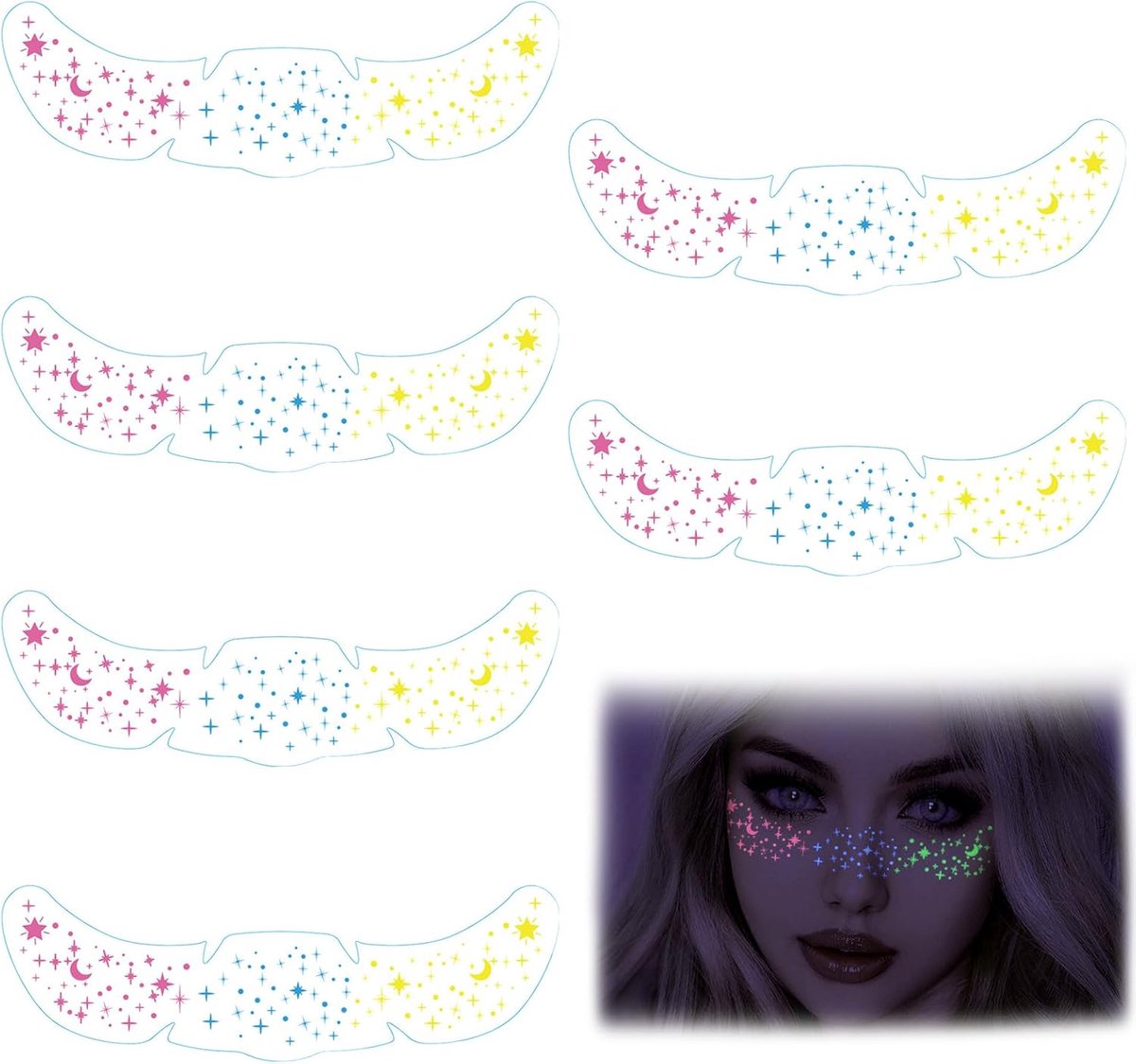 6 vellen lichtgevende sproeten tattooset, 3 kleuren glow in the dark gezichtstatoeage, glitter, ster & maan, sproeten, tattoo-stickers voor festival, party, carnaval, waterdicht