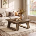 Vierkante salontafel met houten blad in visgraatpatroon, U-vormige poten, bij een beige bank met decoratieve kussens en een vaas met herfsttakken.