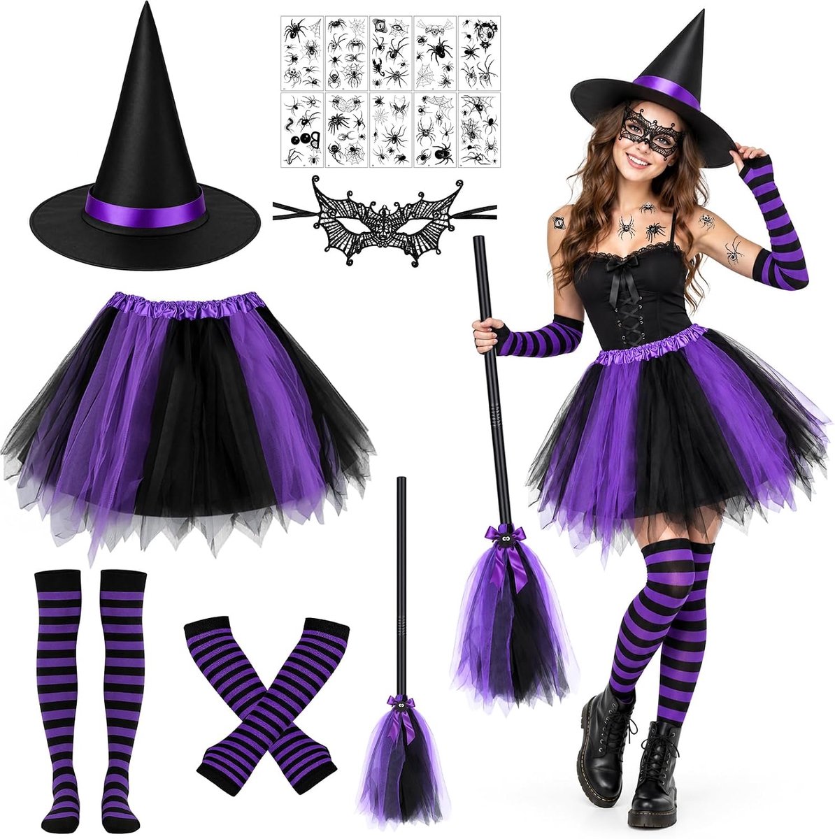 Heksenkostuum voor dames, Halloween, heksenkostuum, set met heksenhoed, tule rok, kniekousen, armwarmers, heksenbezem, oogmasker en 10 stickers, heksenkostuum voor carnaval, cosplay, themafeest