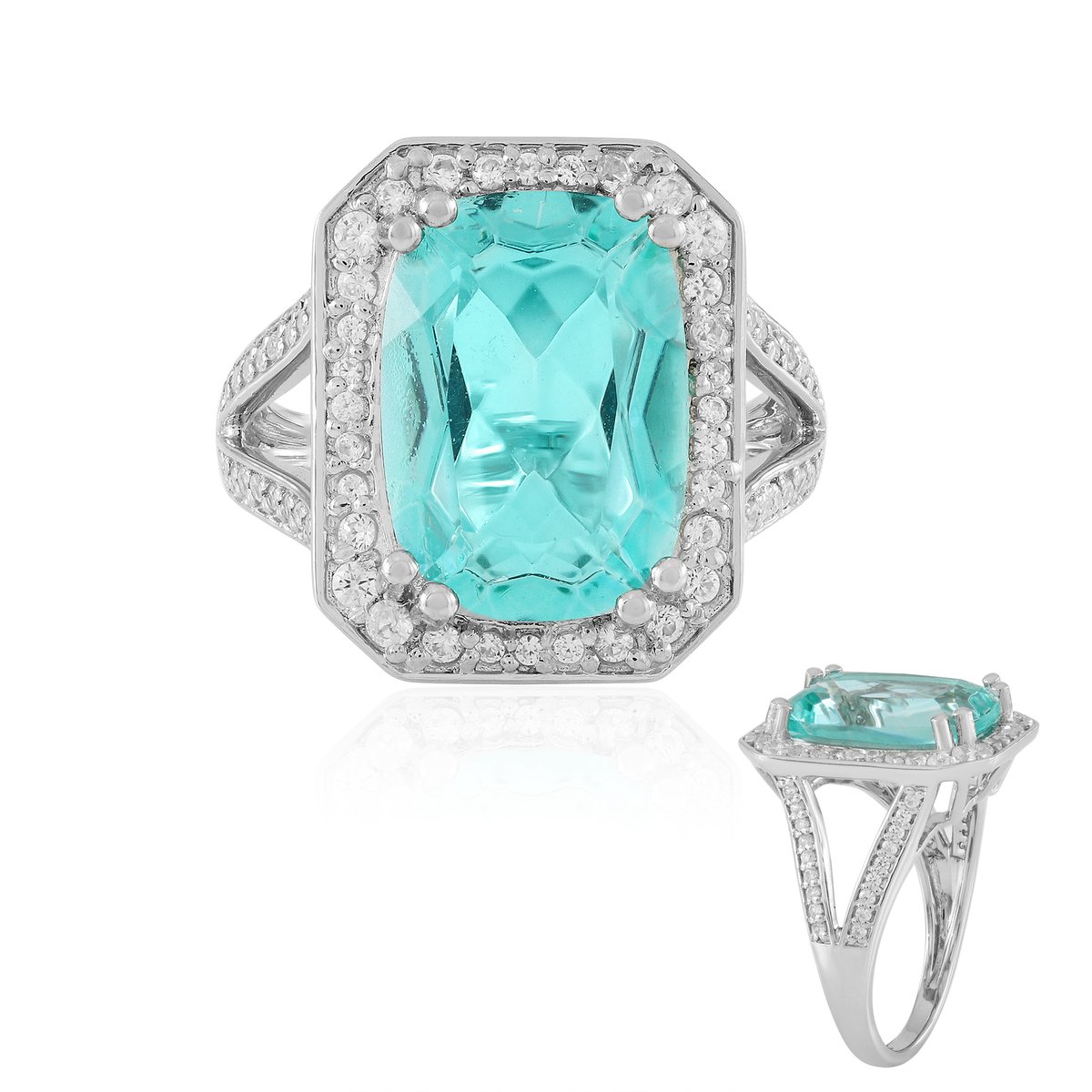 Cavill - Antiek geslepen ring - 925 Sterling Zilver platina gecoat - Blauwe Paraiba Kwarts 5,239 ct - Tanzanian Zirkonen Pavé - Exclusief