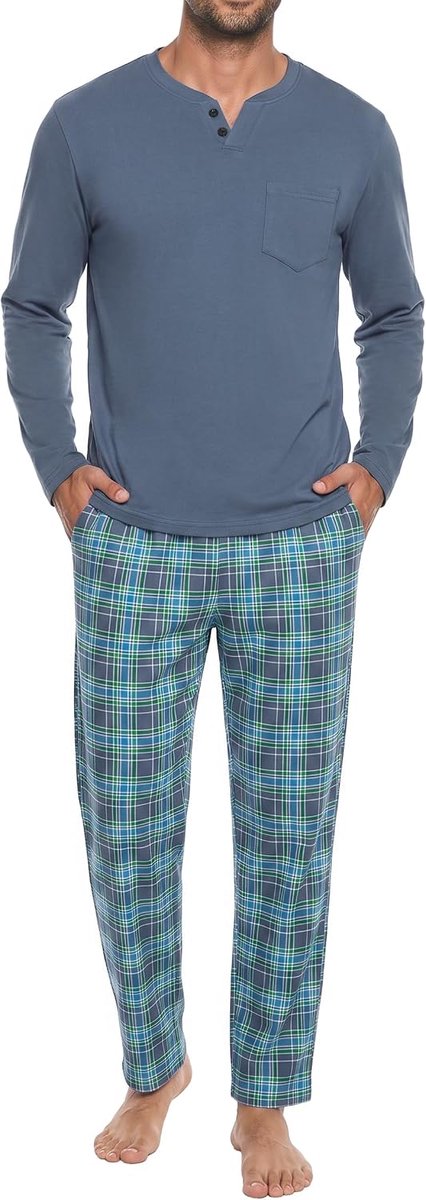 Henley geruite loungenachtkleding met lange mouwen