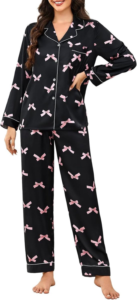 Pyjama voor dames, satijn, lang, tweedelig, zijde
