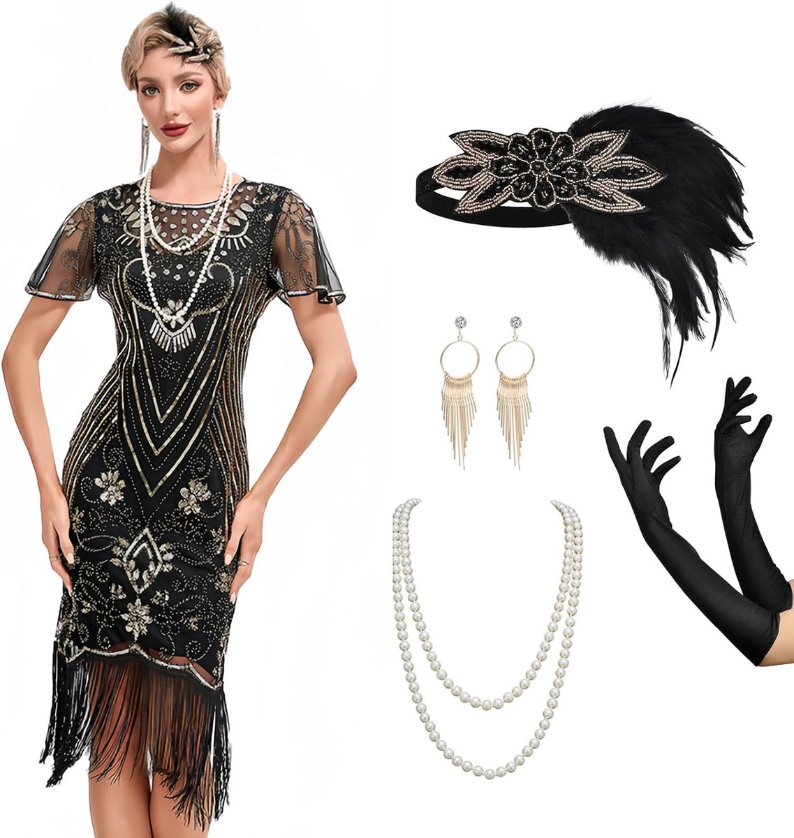 Jaren 20-kostuum voor dames, Gatsby-jurk met jaren 20-accessoires, Charleston flapperjurk, carnavalskostuum, cocktailjurk