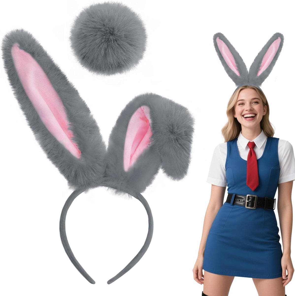 Haarband met grijze hazenoren, 2 stuks, pluche, hazenstaart, kostuum, pluizige hazenoren, Halloween, hazenkostuum, accessoires voor Pasen, carnaval, party, Halloween, cosplay, kostuum, maskerade
