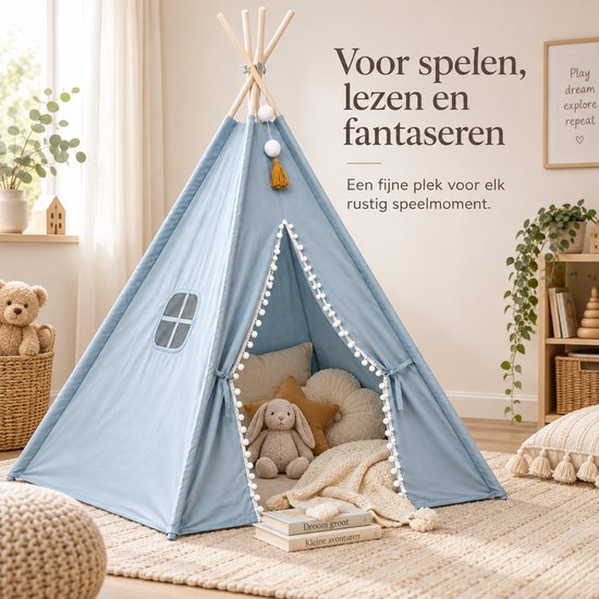 MISOU Tipi Tent - voor Kids - 120x120x160cm - Blauw - Speeltent - Binnen en Buiten - Kindertent - Jongens - TOTO van MISOU — afbeelding 2