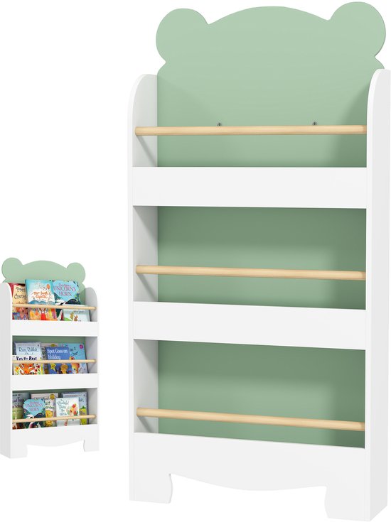 Dubbel productbeeld: een witte boekenkast met groene berenkop, gevuld met kinderboeken, en een gedetailleerder beeld van de voorkant.