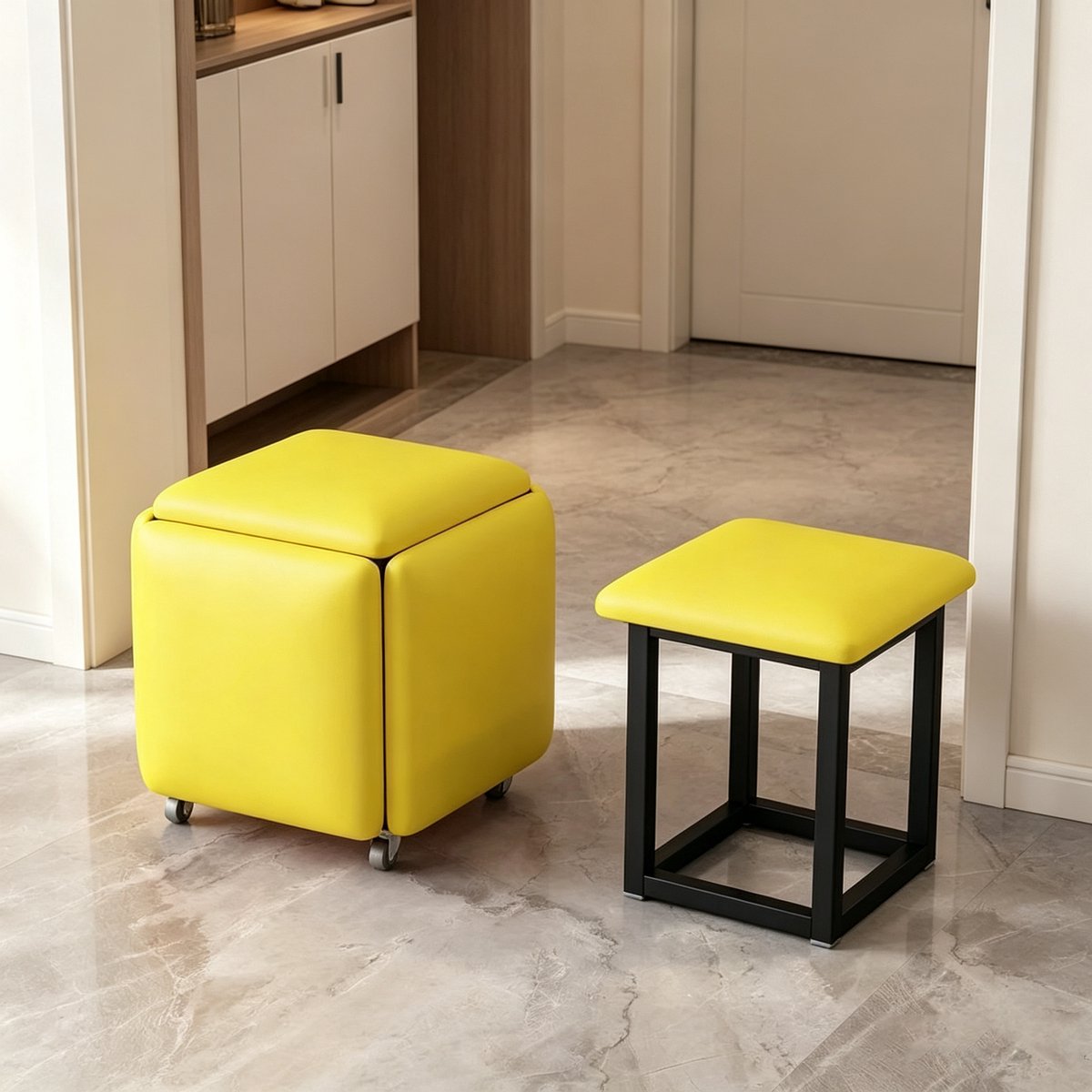 5-in-1 stapelbare kubuskruk met wielen multifunctionele lage kruk van geel leer 45×45×45 cm geschikt voor woonkamer en hal Het product bevat 5 krukjes