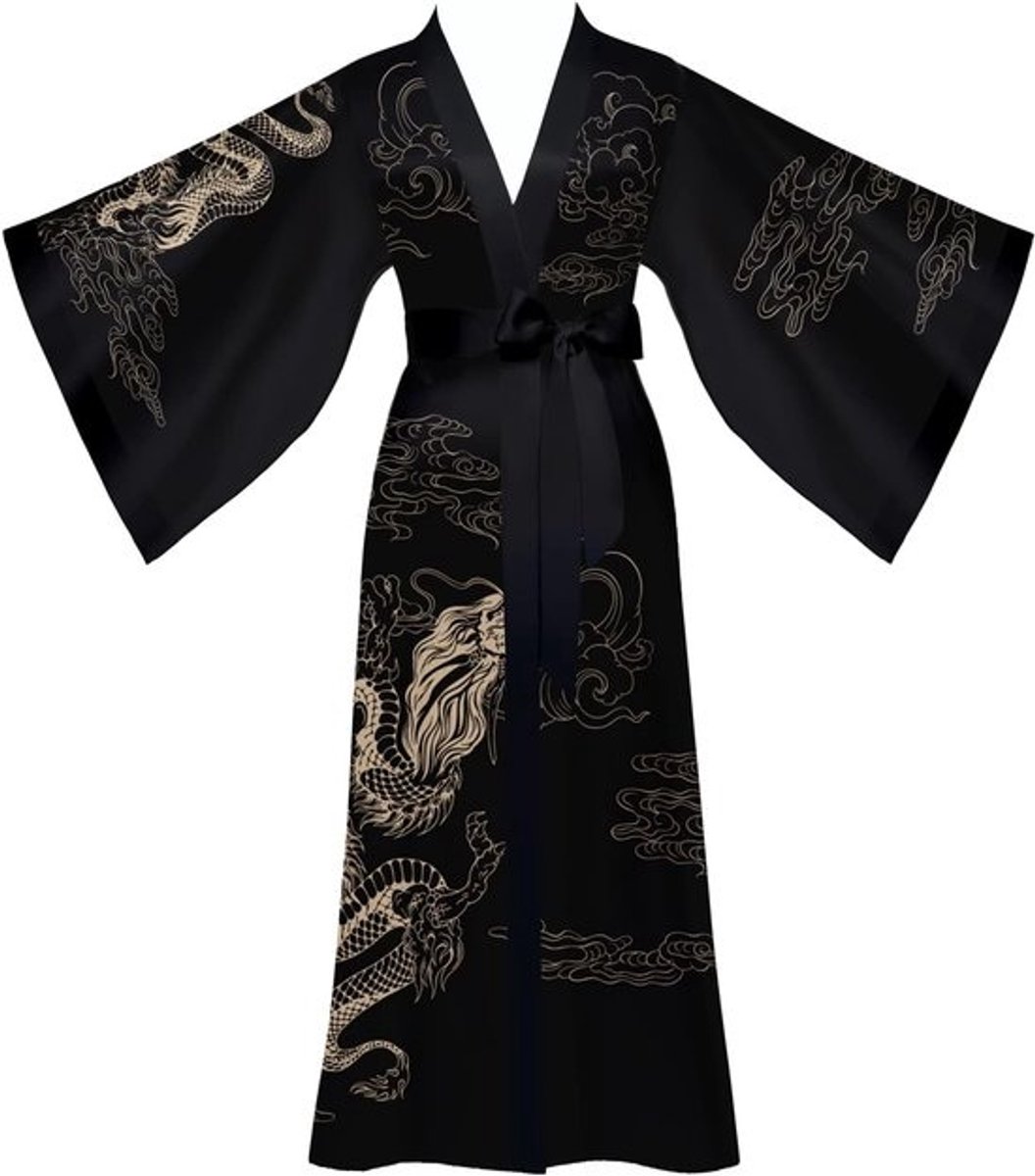 Dames kimono ochtendjas - zijdeachtig satijn, bloemendessin, lange mouwen