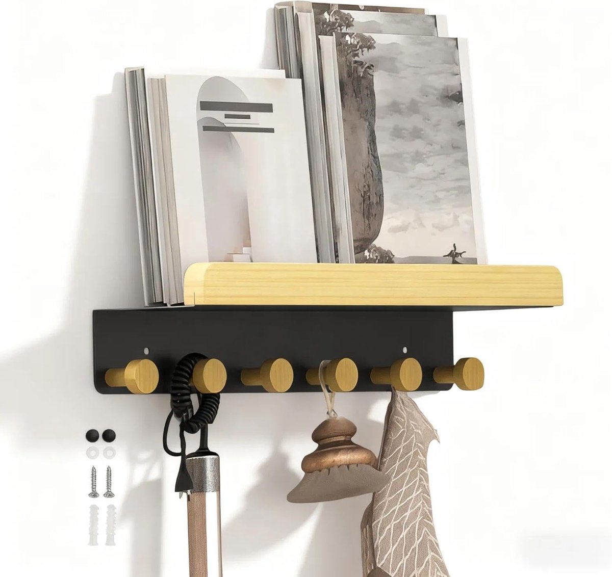 Sleutelrek Voor Aan de Muur, 39 cm, met 6 Haken en Plank