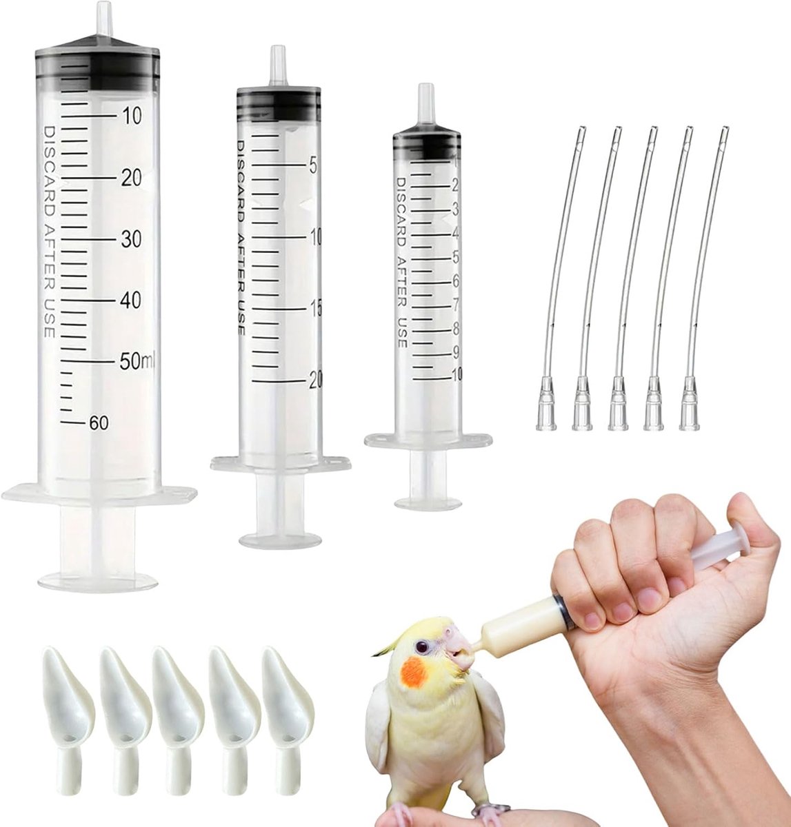 3 stuks, babyvogelspuit, voederdispenser met papegaaienvoerbuis en lepel, maatspuitgereedschap voor het voeren van kleine dieren, kittens, puppy's (10 ml, 20 ml, 60 ml B)