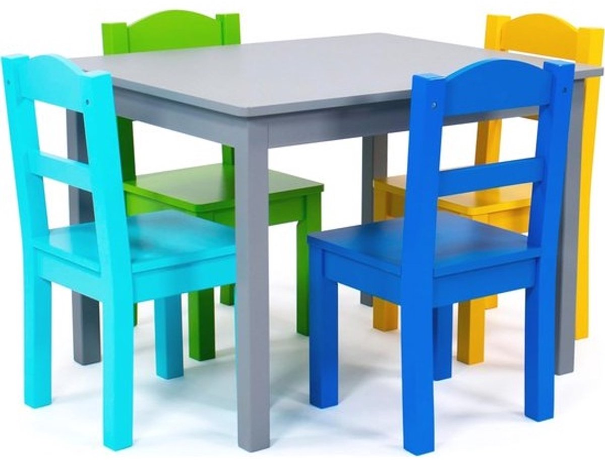 Kindertafel met 4 stoelen - Voor kinderen - Houten meubilair - Grijs, blauw, groen en geel - 66 x 52 x 49 cm