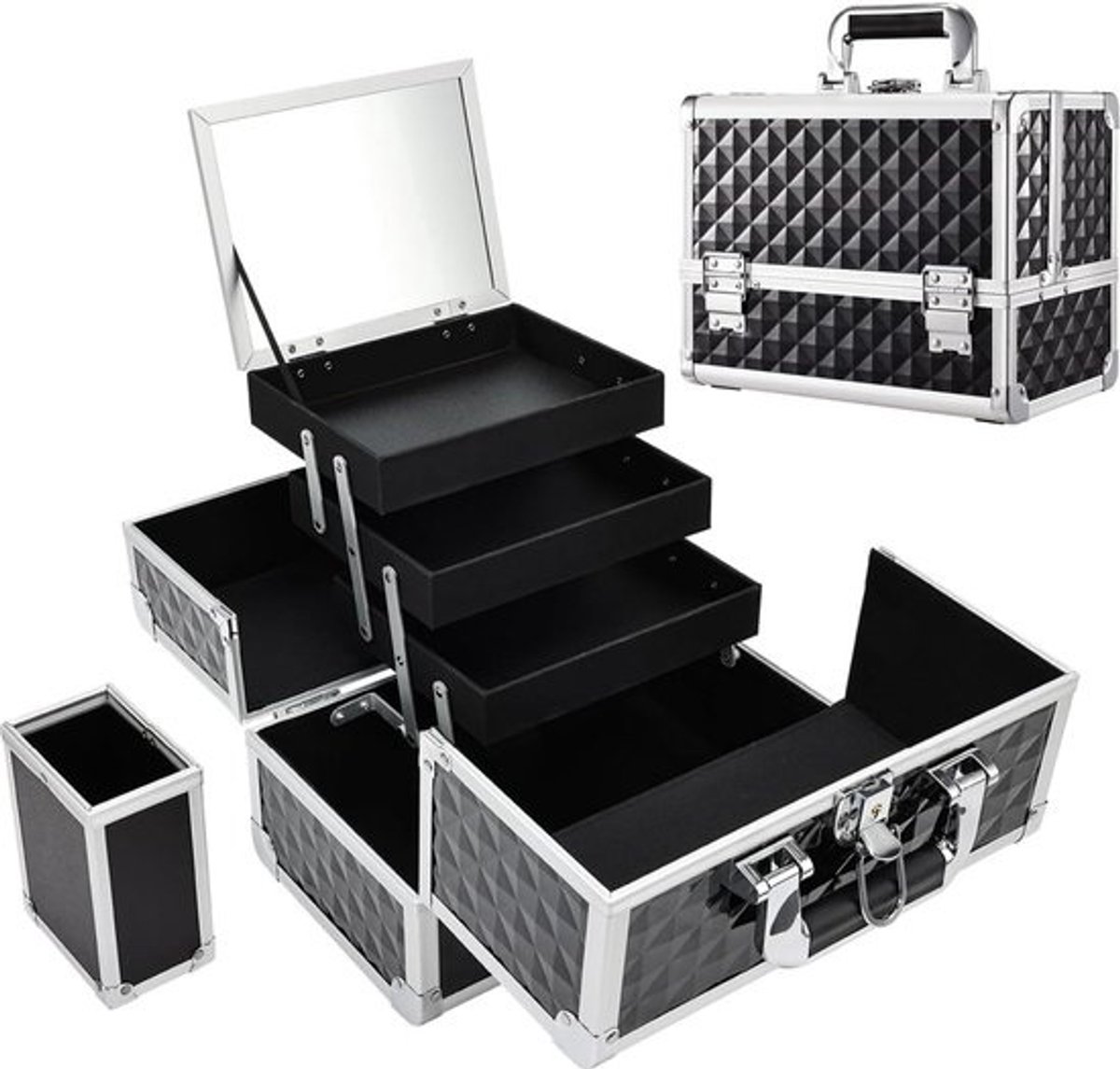 Make-upkoffer met 3 trays en spiegel - Professionele beauty-organizerkoffer - Cosmetische opbergdoos met sloten - Zwarte houder voor make-upborstels