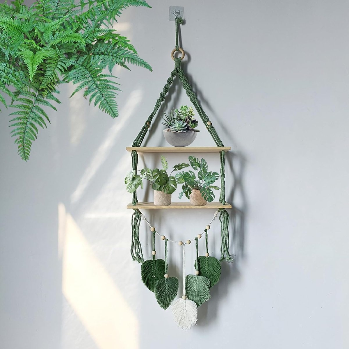 Houten plank, macramé, wanddecoratie, 2 niveaus, rustiek hout, zwevende planken, boho, wanddecoratie voor woonkamer, kinderkamer, slaapkamer, balkon