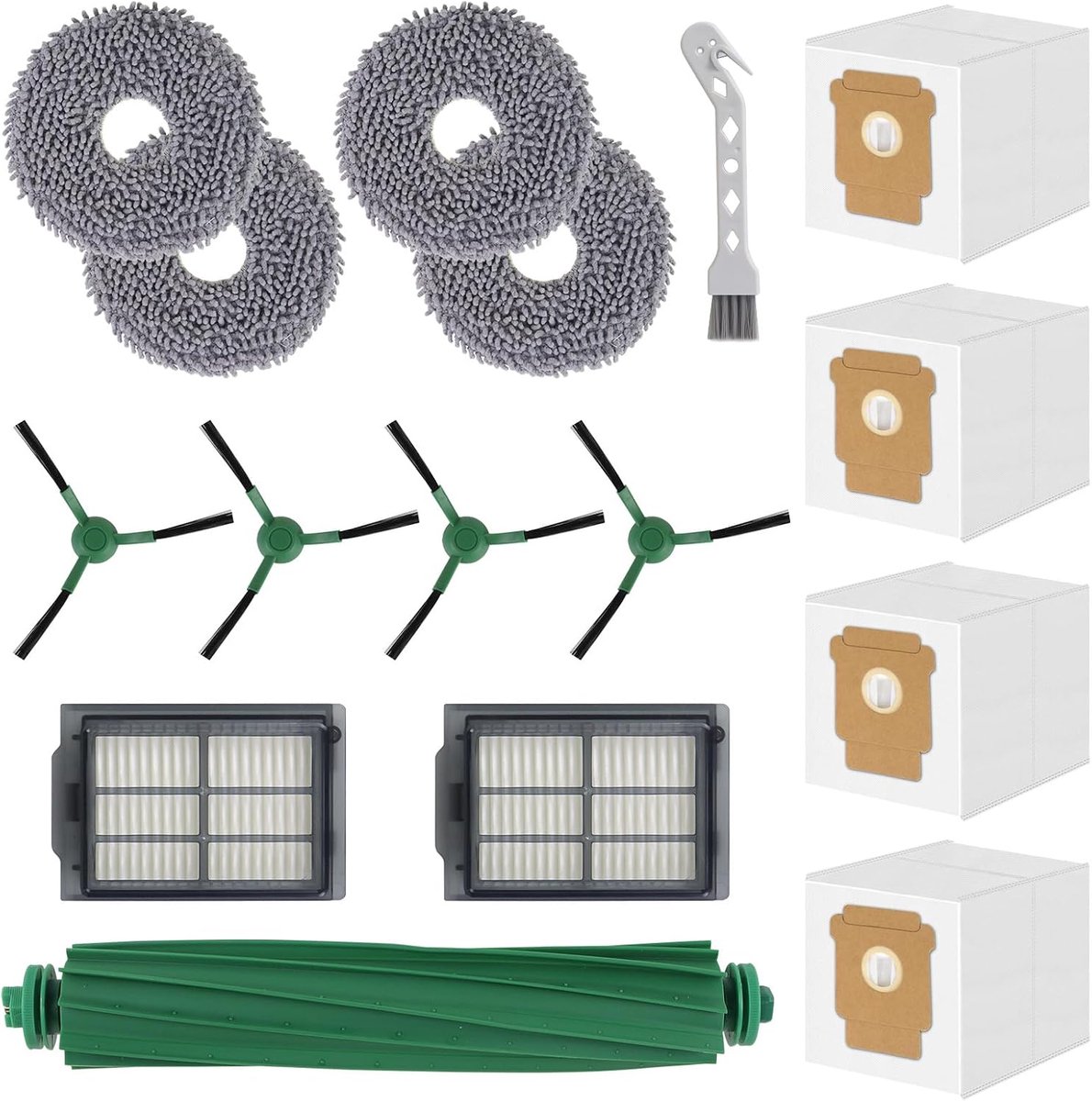 Vervanging voor iRobot Roomba Plus 405 Combo/505 Combo Robotstofzuiger, 1 Hoofdborstel, 2 Filters, 4 Zijborstels, 4 Dweildoeken, 4 Stofzakken, 1 Reinigingsborstel