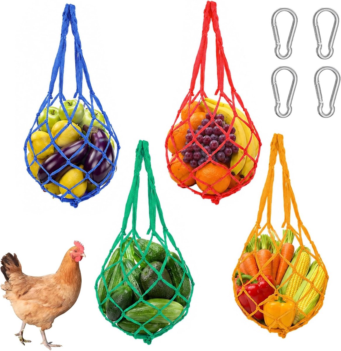 4 stuks, nylon netzakken met 4 haken, kippenvoedernet om op te hangen, praktische kippenaccessoires, speelgoed voor eenden, gasten, vogels