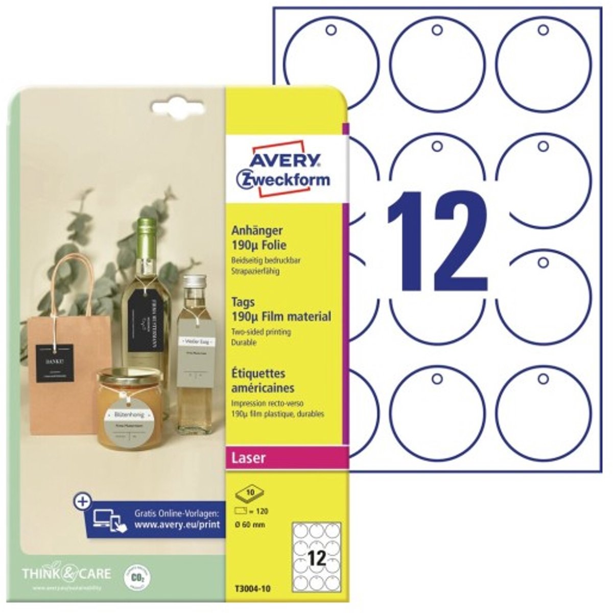 Avery-Zweckform T3004-10 Labels Ø 60 mm Polyester Wit 120 stuk(s) Niet hechtend Laser (kleur), Laser (zwart/wit)