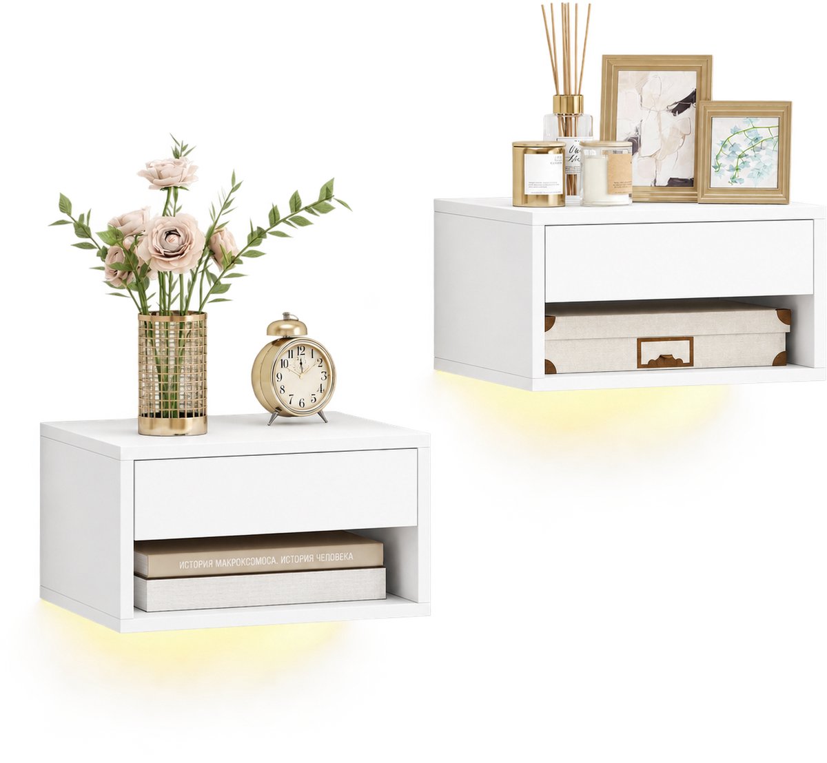 MokoHub Zwevende Nachtkastjes Set van 2 - LED-Verlichting - App-Bediening - Lade en Open Plank - 37x32x21 cm - Wit