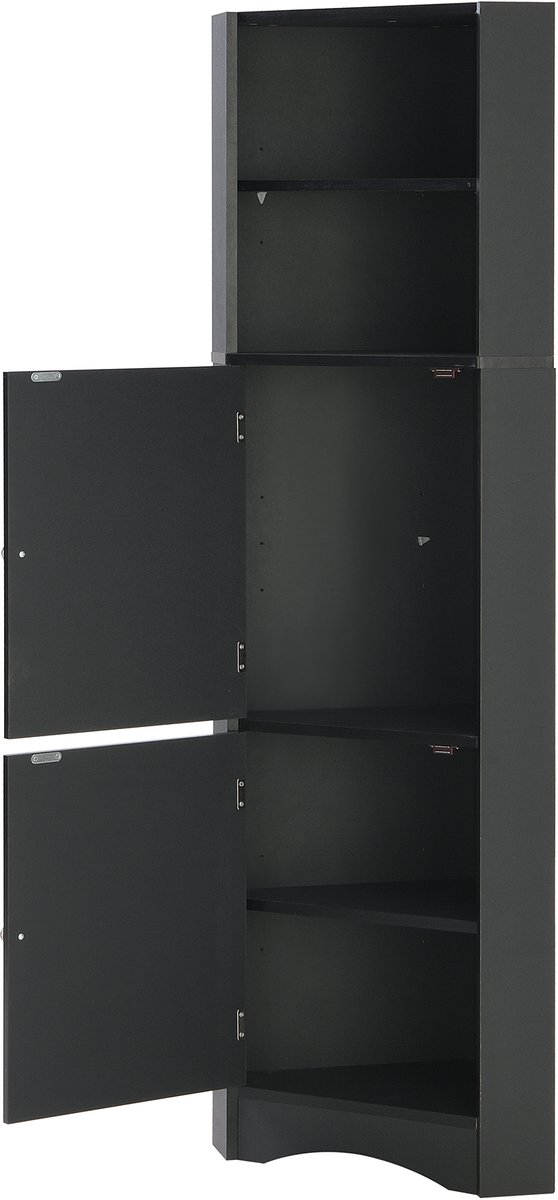 Zwarte Badkamer Hoekkast - Hoge Badkamerkast Met Deuren - Open Vakken En Opbergruimte - Voor Kleine Ruimtes - Spaanplaat - 155 cm Hoog