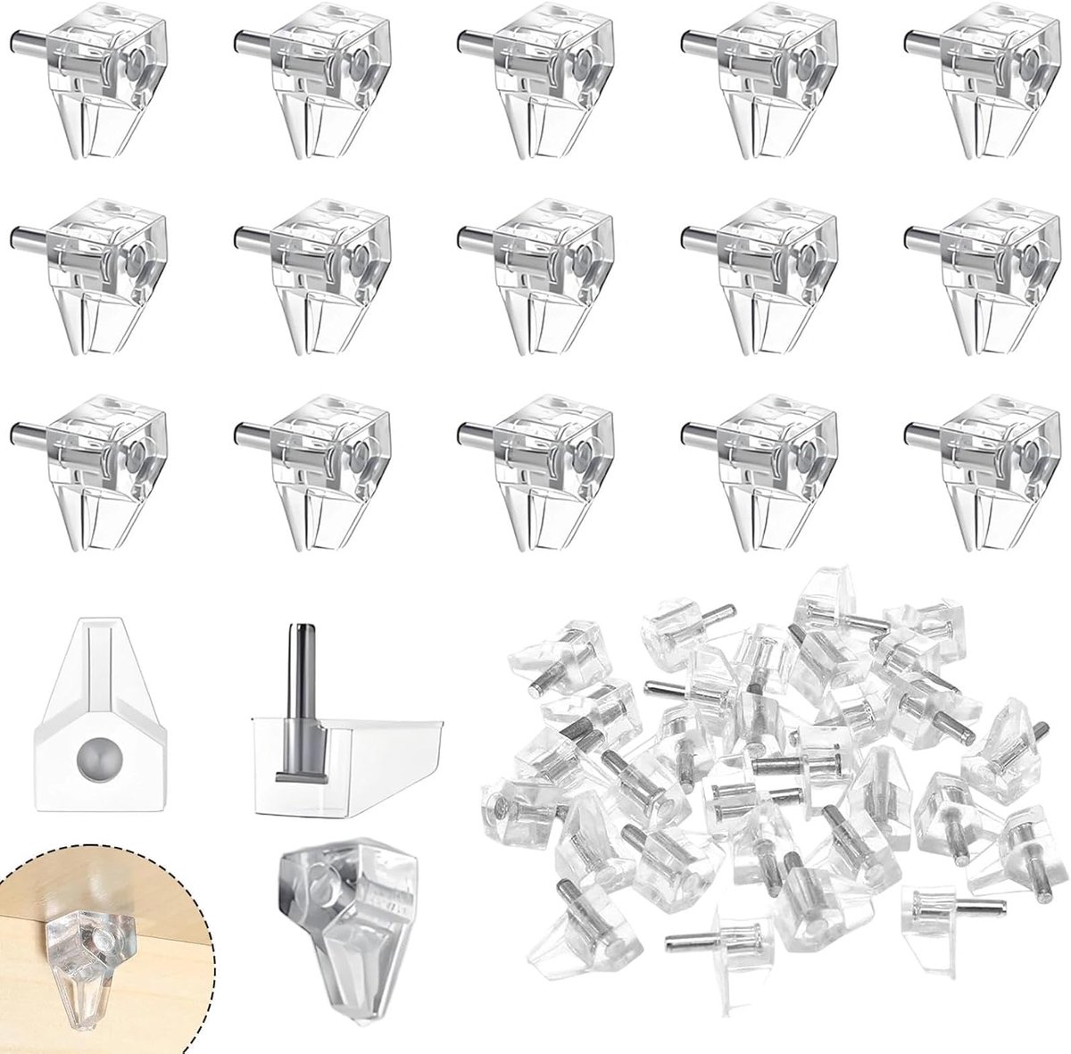 100 stuks inlegplanken, houders, 5 mm, plankdrager, kunststof, transparant, met stalen pen, transparante kunststof - ShopVlot