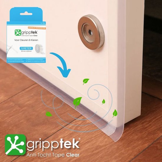 GrippTek anti-tocht tape clear op een witte deur. Luchtstromen en bladeren suggereren tocht die wordt tegengehouden.