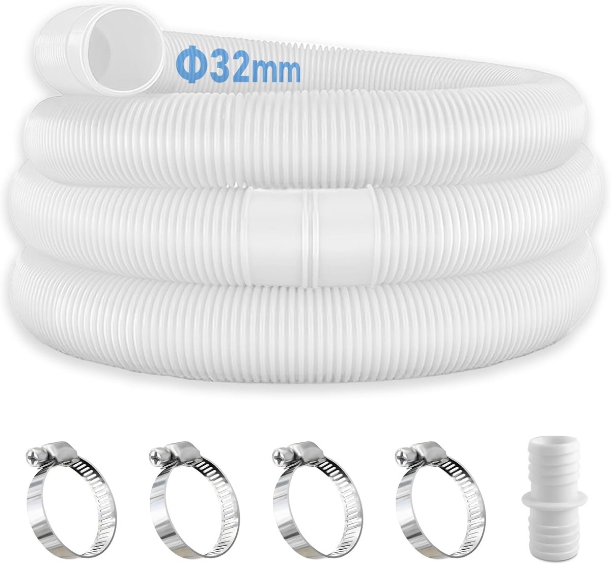 Set of 2 32 mm Pool Hoses for Pool Pumps with 4 Safety Clips and 1 Hose Connector, 150 cm and 32 mm Pool Hose for - ShopVlot