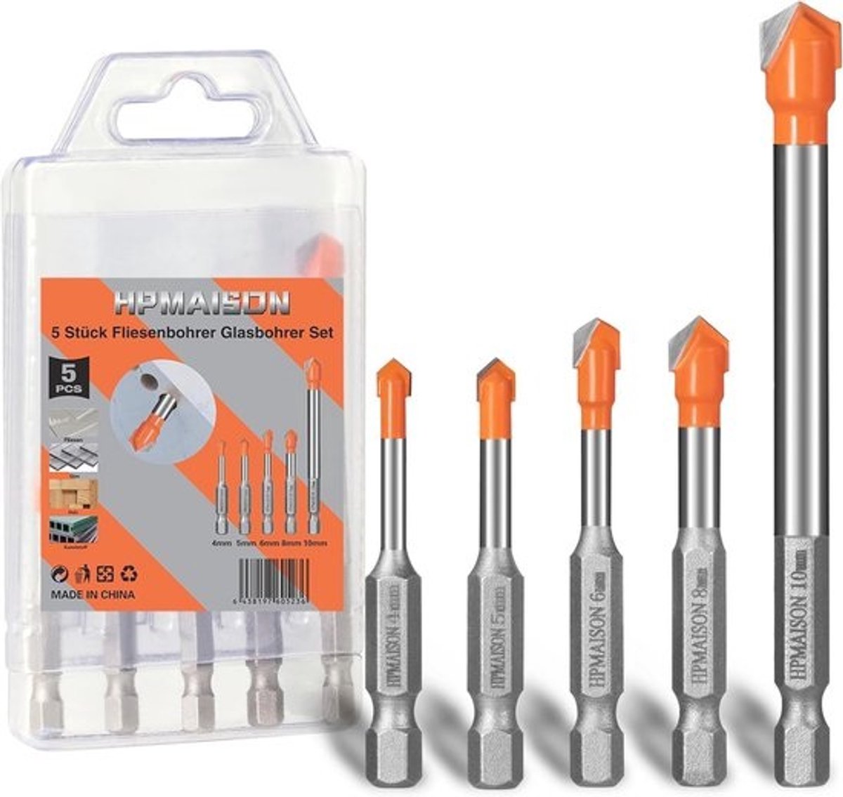 Tegelboor- en glasborenset van 5 stuks voor keramiek en glas (Ø 4/5/6/8/10 mm)