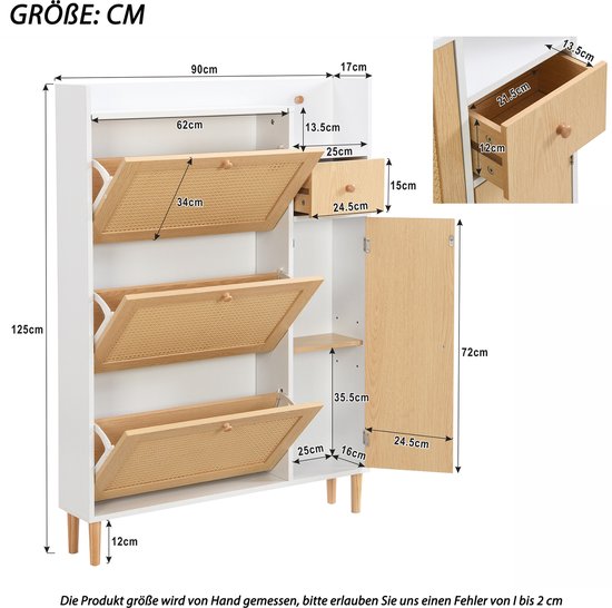 WUVRIE - Schoenenkast 90 x 125 x 17 cm - 3 klepdeuren, lade en verstelbare legplanken - Naturel/wit — afbeelding 4