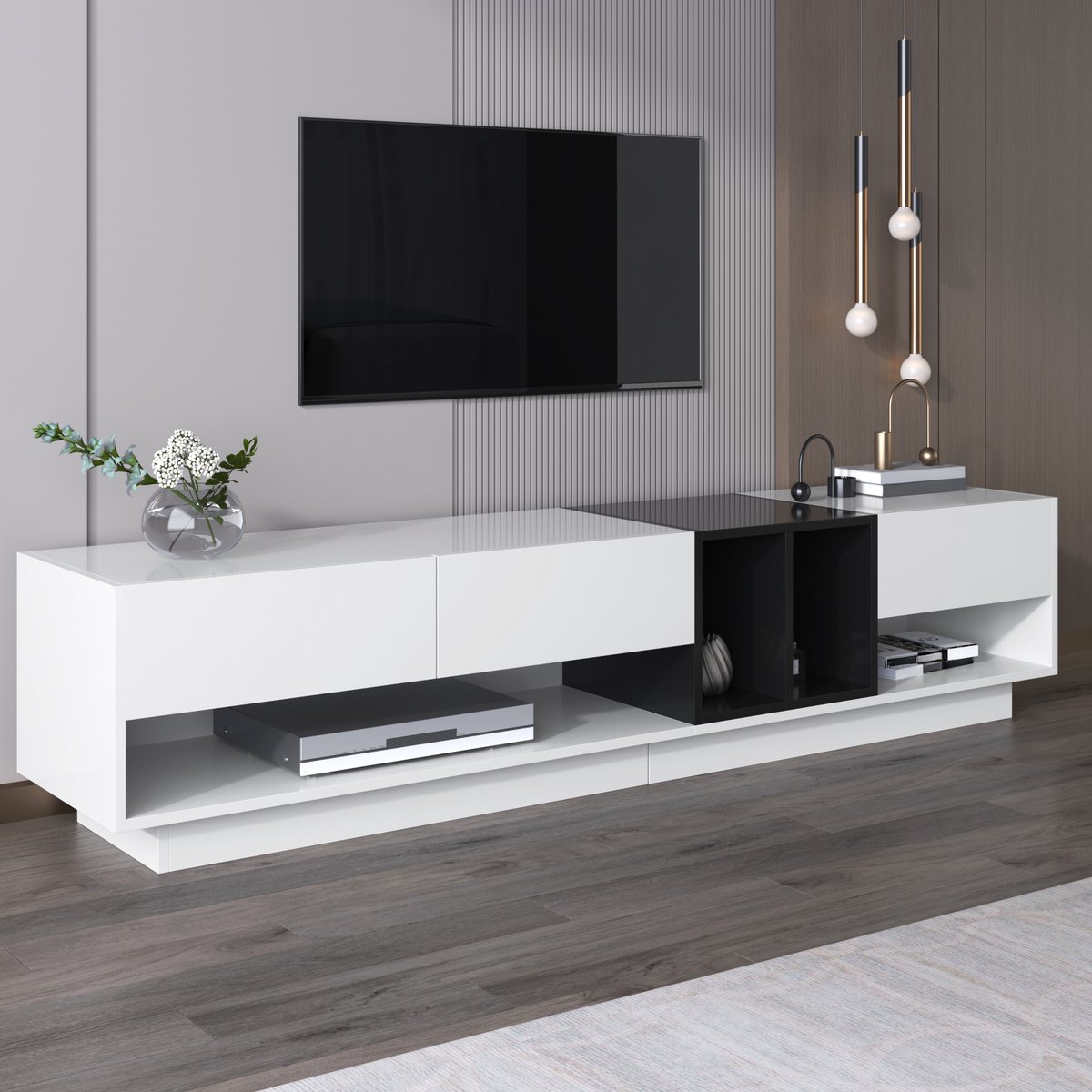 WUVRIE TV-meubel 190 x 40 x 42 cm - 3 lades en 2 open vakken - Hoogglans wit/zwart