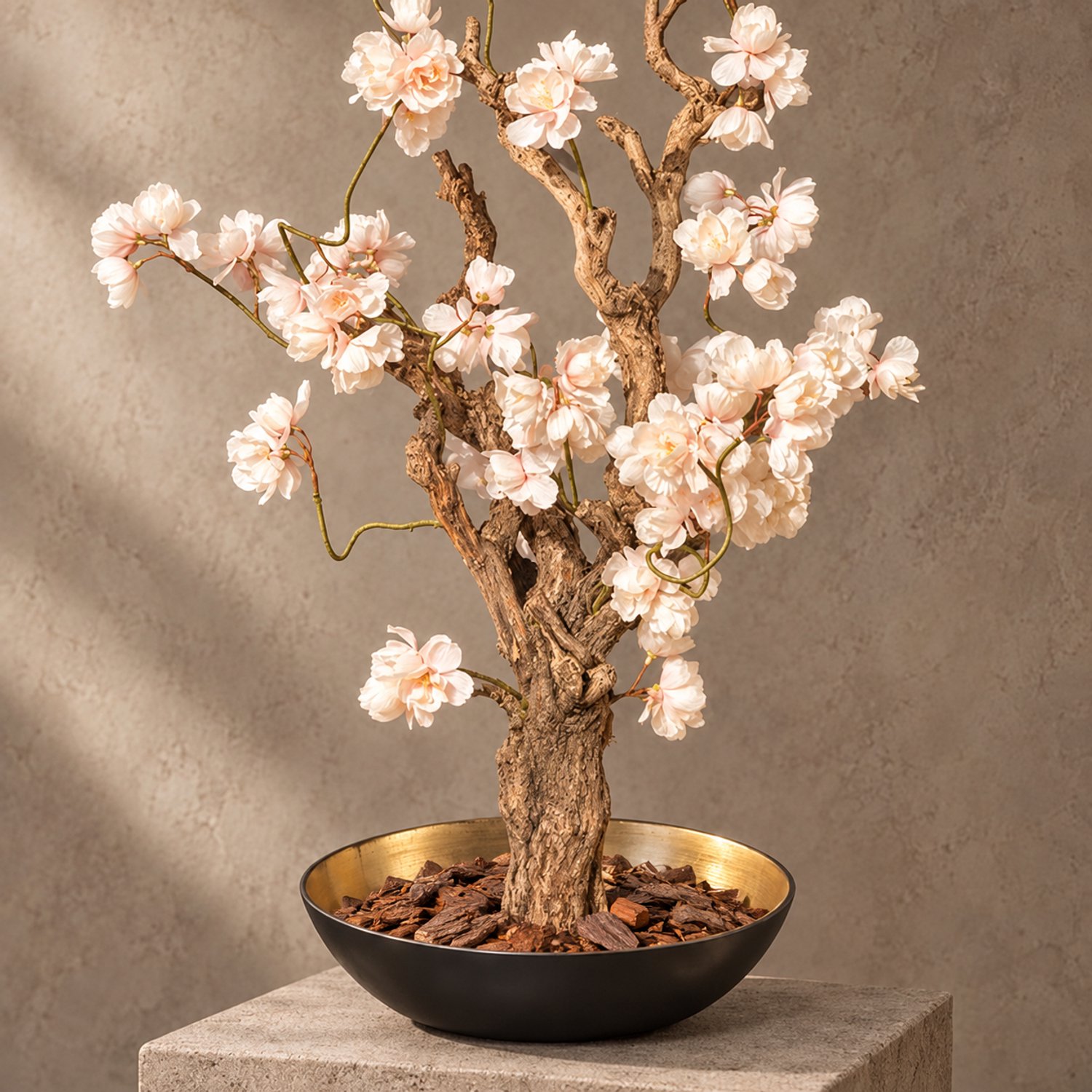 Seta Fiori Kunstbloesemboom Zacht Roze met Zwart-Gouden Schaal - Handgemaakt in Nederland - Echte Houten Stam - 60 cm Champagne creme / zwart en goud
