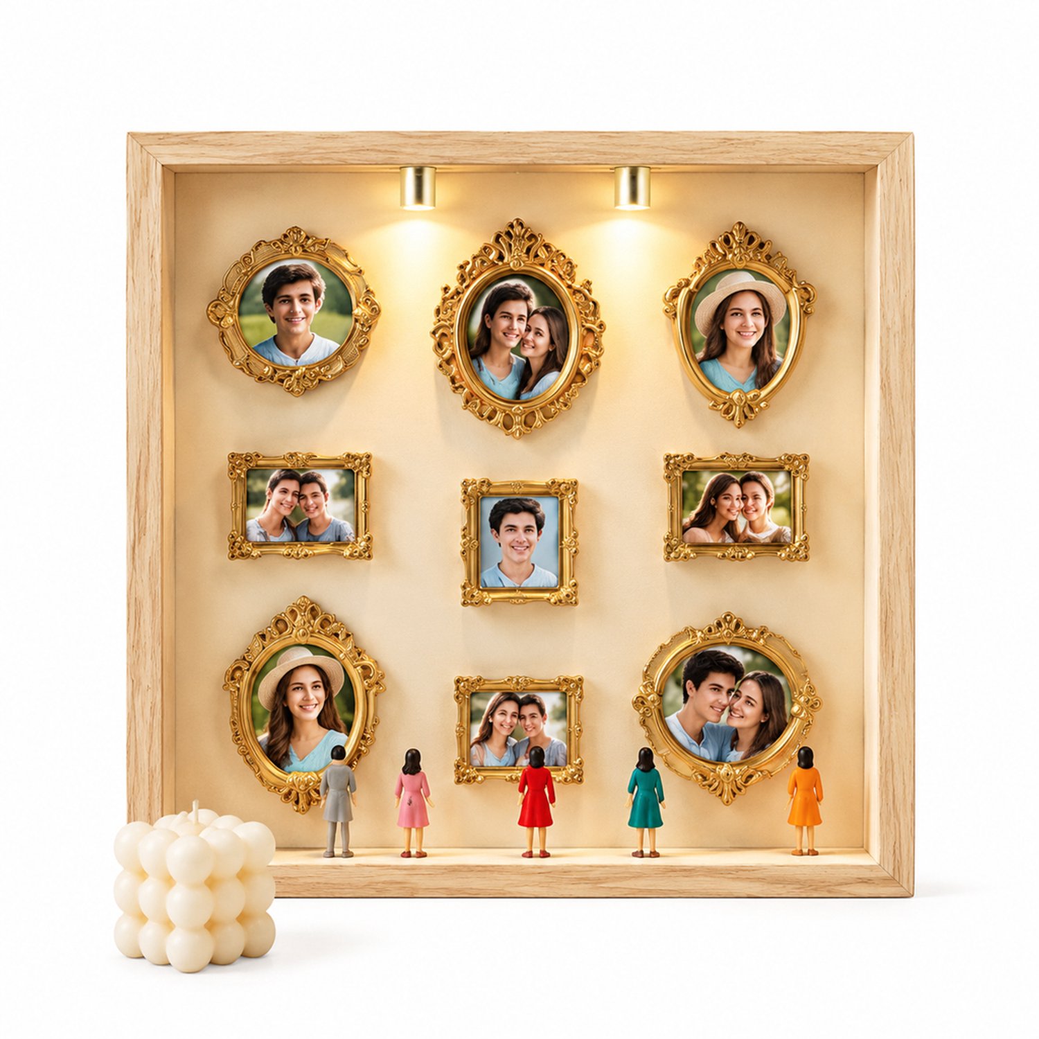 SWGOTA Diepe displaylijst in houtkleur, binnenmaat 20 x 25 cm, MDF tafelmodel met 2 lampjes