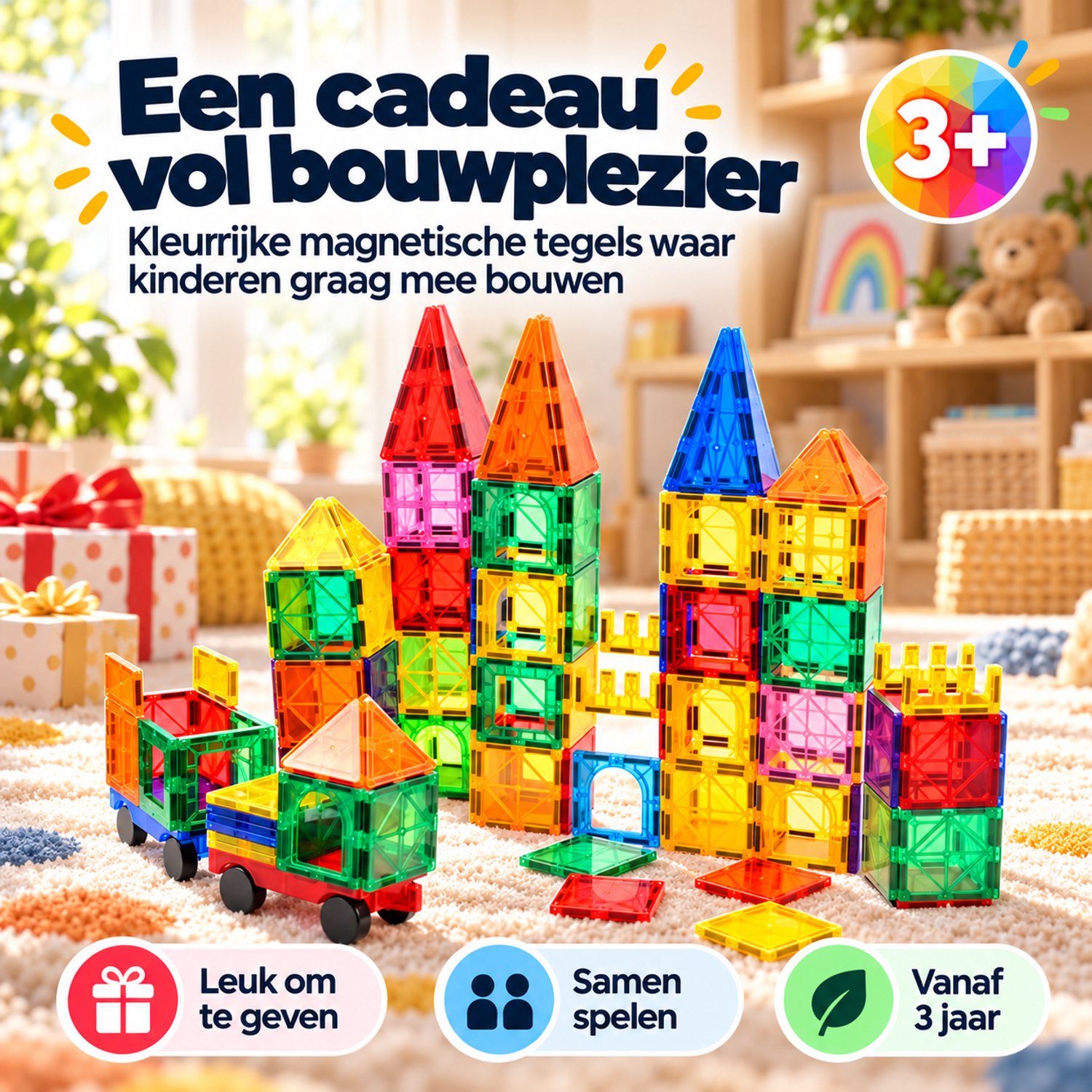 Magna Minds - Magnetic Tiles- Magnetisch Speelgoed – 135 stuks - Constructie speelgoed - Magnetische tegels - Montessori speelgoed - Magnetic toys - Magnetische bouwstenen - Speelgoed Kinderen — afbeelding 5