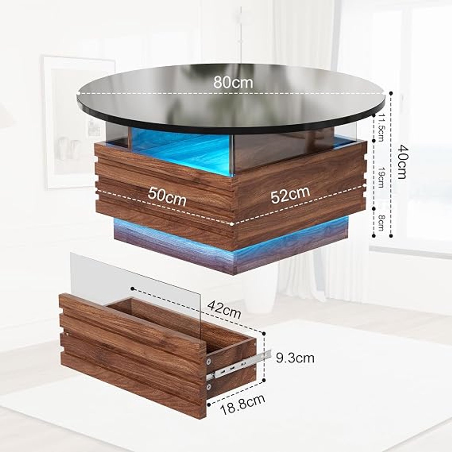 J.T.R Ronde Salontafel met RGB LED-verlichting en 2 Lades - Zwart MDF met Gehard Glas en 3D-Hout Details - Ø 80 x 40 cm.