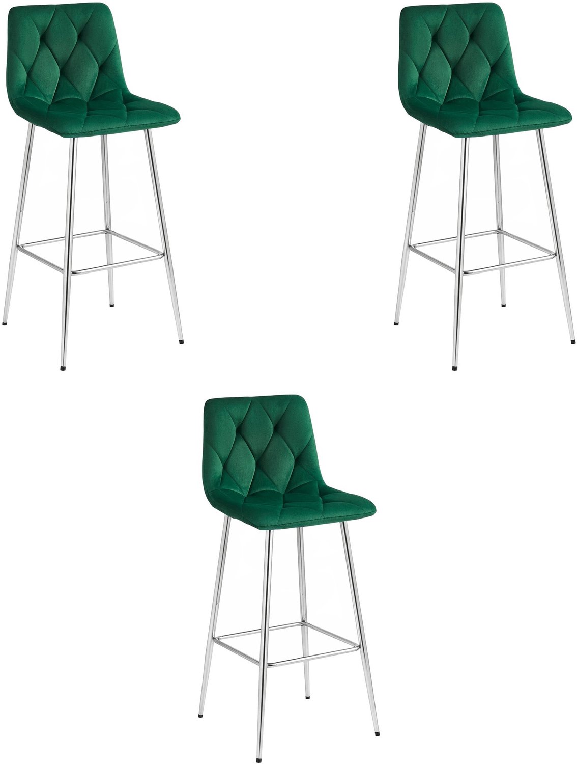 LEOBERT Set van 3 Barkrukken NADO – Groen Velvet / Fluweel – Gestoffeerde Barstoelen met Rugleuning en Voetsteun – Verchroomde Metalen Poten – Modern Design – Voor Keukeneiland, Keuken, Bartafel en Thuisbar