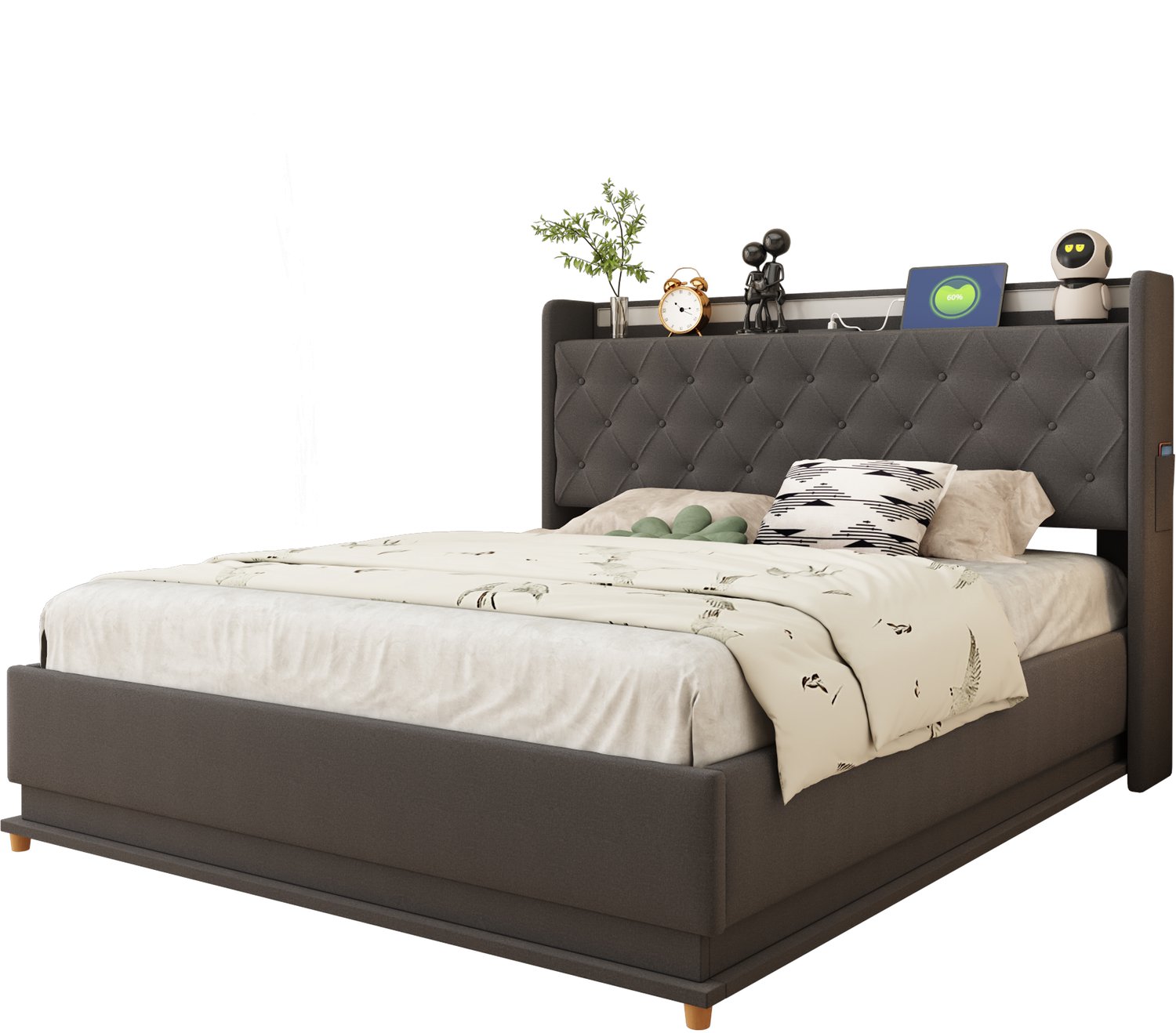 MUVANO Gestoffeerd led-bed 140 x 200 cm - grijs gestoffeerd bed met usb-oplaadaansluiting, hydraulische opbergruimte en metalen lattenbodem