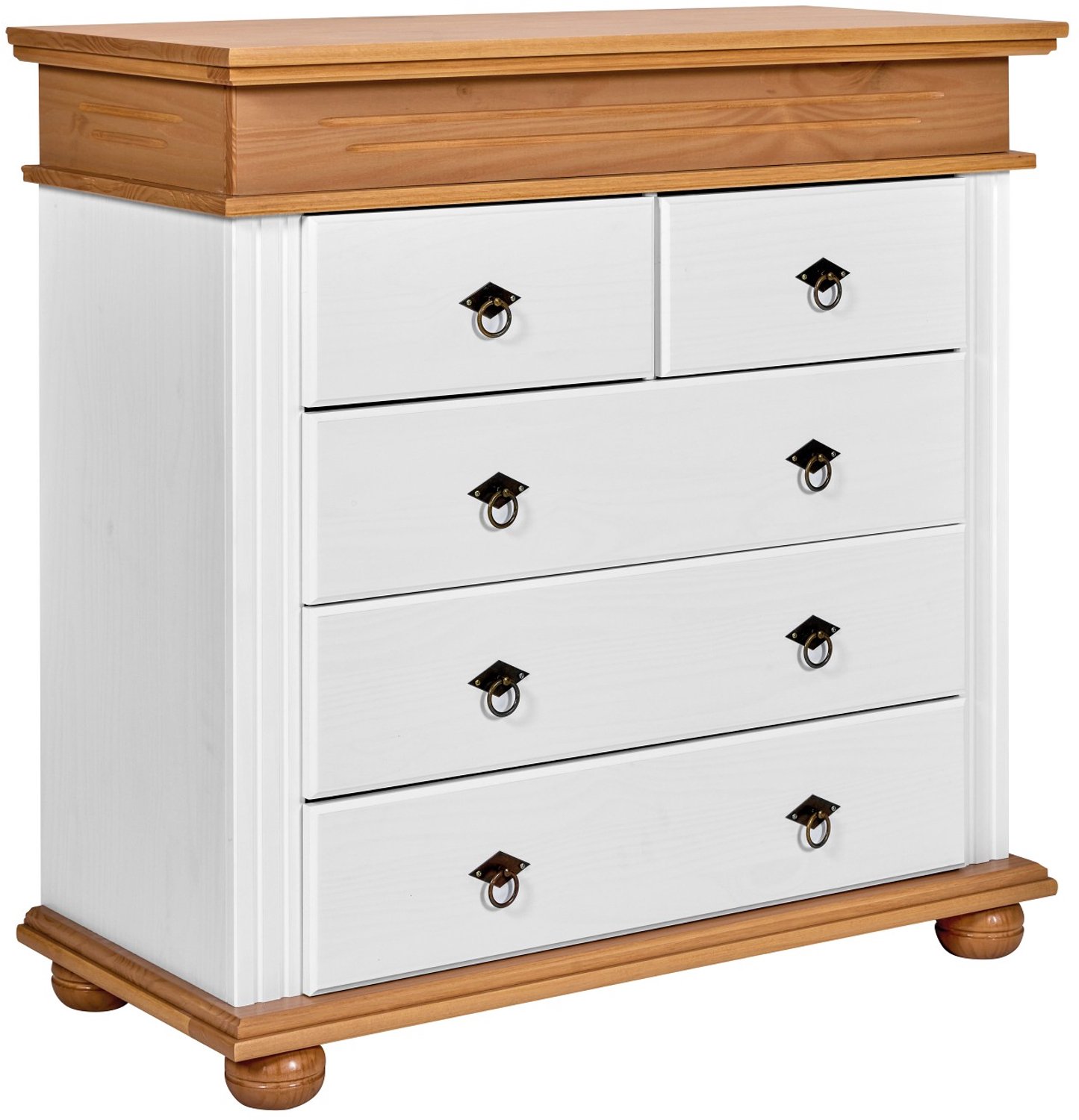 Inter Link SAS Massetto ladekast – Massief grenenhout – Wit gebeitst en bruin – 5 lades – 101 x 46 x 99 cm
