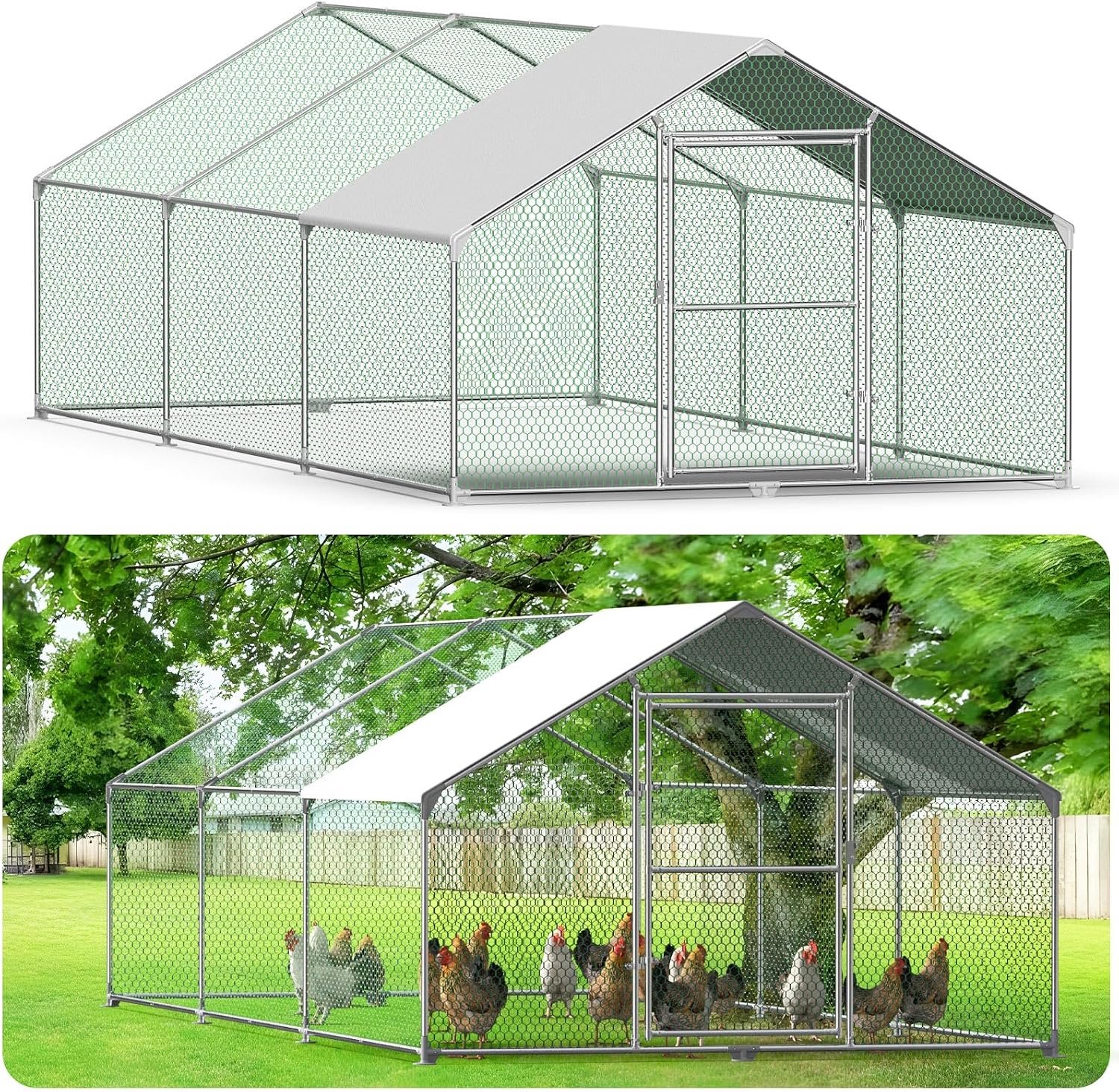 Kippenhok voor kippen, voederstation voor kippen, net voor kippenhok met slot, kooi van verzinkt metaal, dak met pvc-coating, voor kippen, konijnen, kleine dieren, 6 x 3 x 2 m
