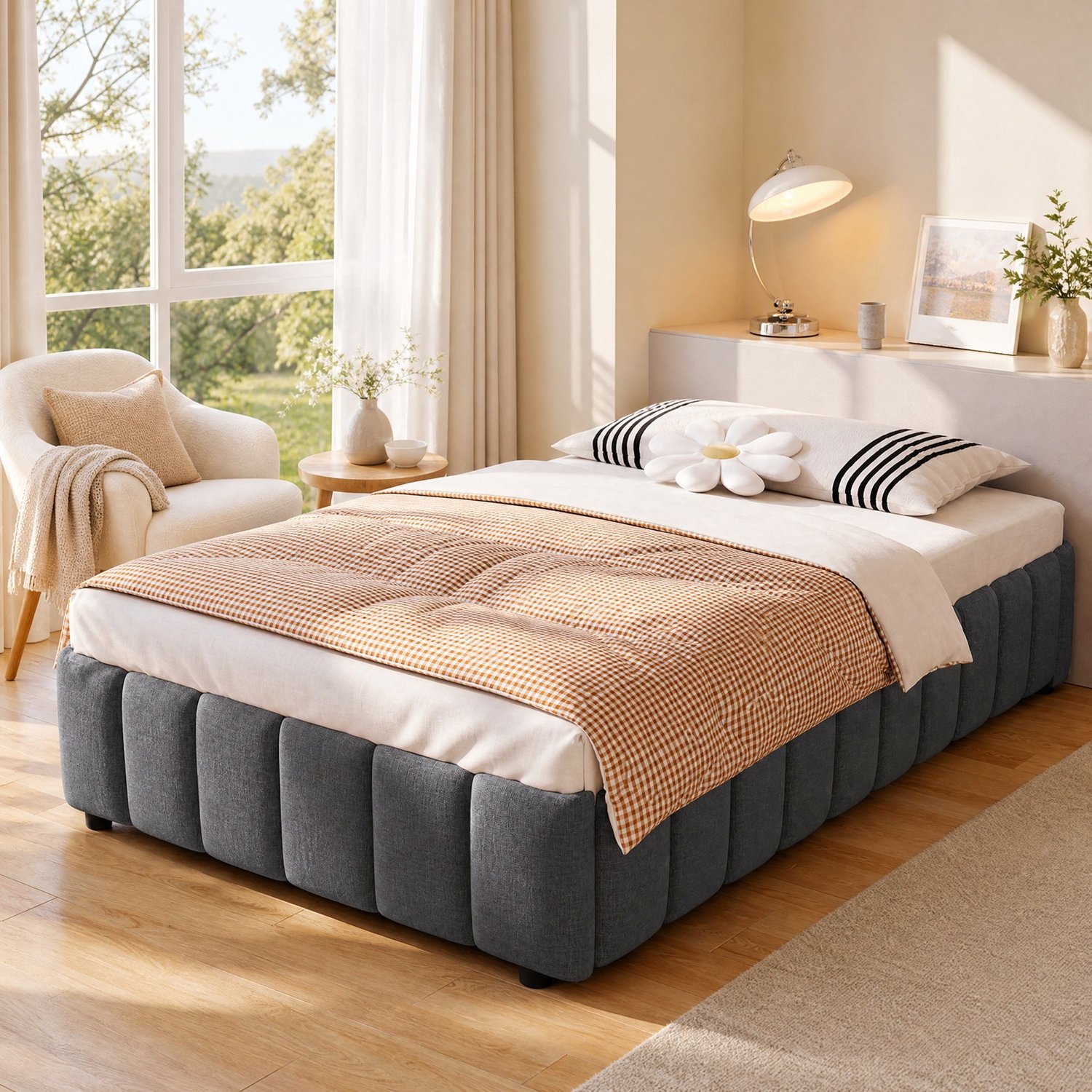 CHICFURN Gestoffeerd bedframe 90 x 200 cm - hydraulische opbergruimte - grijs