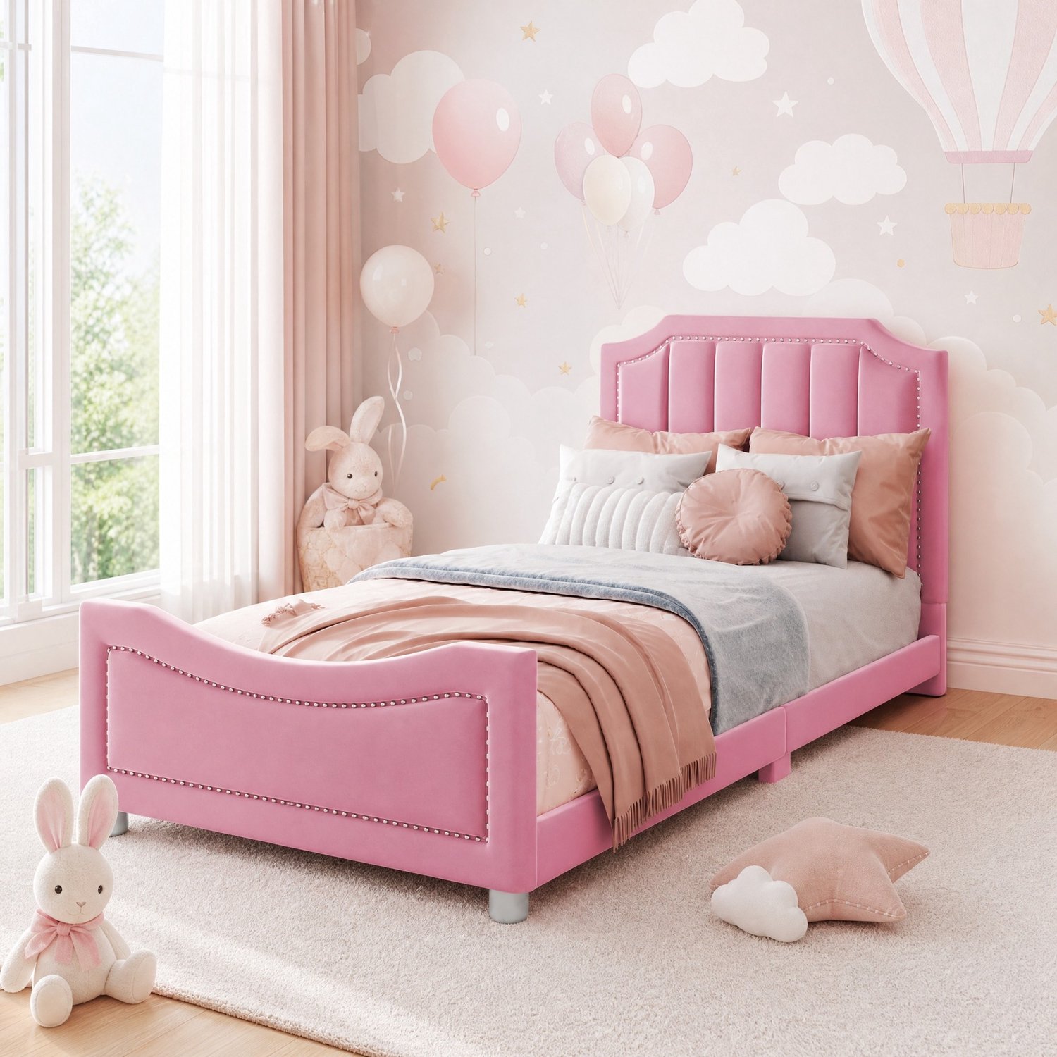 Kinderbed 90 x 200 cm - flanellen bekleding - roze